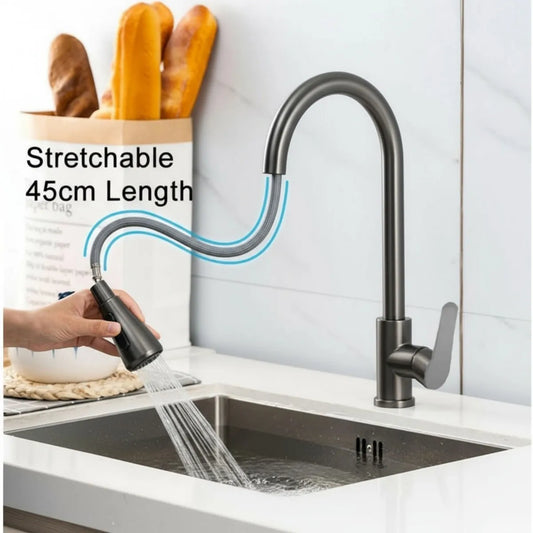 Torneira de cozinha moderna, 360 °   parada giratória de um toque + modos de pulverização duplos, aço inoxidável 304, acabamento escovado.