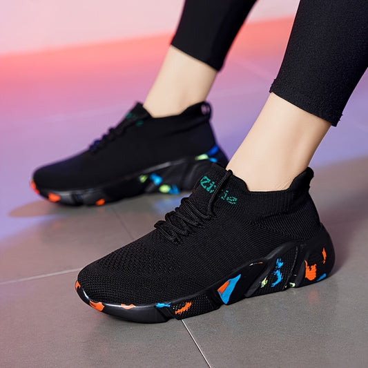 Breathable Knit Casual Athletic Sneakers for Women and Men - Lightweight, All-Season, Lace-Up Running Shoes with EVA Sole, Black with Colorful Accents, Casual Sneakers | Stylish Casual Wear | EVA Cushioned Sole